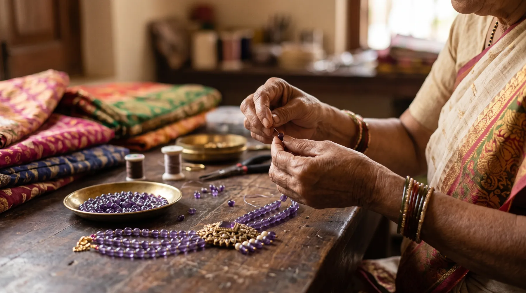 Hands stringing purple beads at a wooden worktable, beside the Amethyst Elegance necklace, a brass dish of beads and folded silk sarees